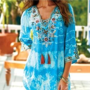 Soft Surroundings Embroidered Beaded Beverly Tunic Sky Blue Tie Dye Top NWOT